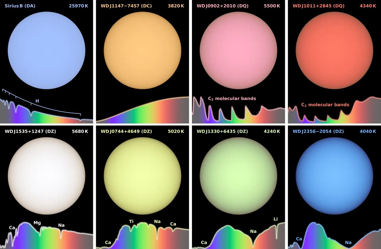Ocho círculos de colores sobre fondo negro, cada uno con su espectro de luz debajo: azul, naranja, dos rosas, blanco, amarillo, verde claro y azul