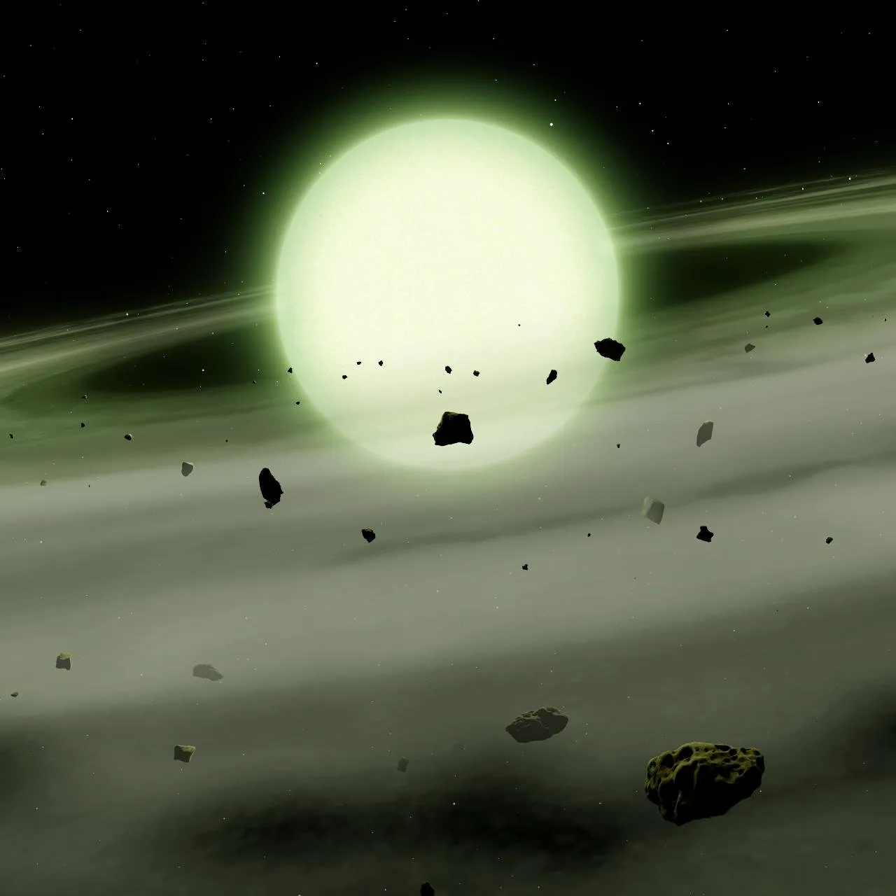 Ilustración de una estrella de brillo verde pálido rodeada de un anillo de polvo y fragmentos de roca