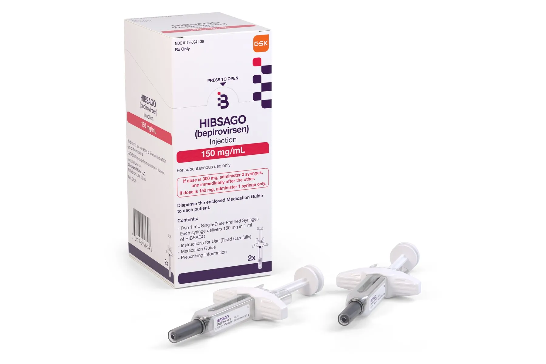 Caja blanca de Hibsago (bepirovirsen) inyectable, 150 mg/ml, junto a dos jeringas precargadas