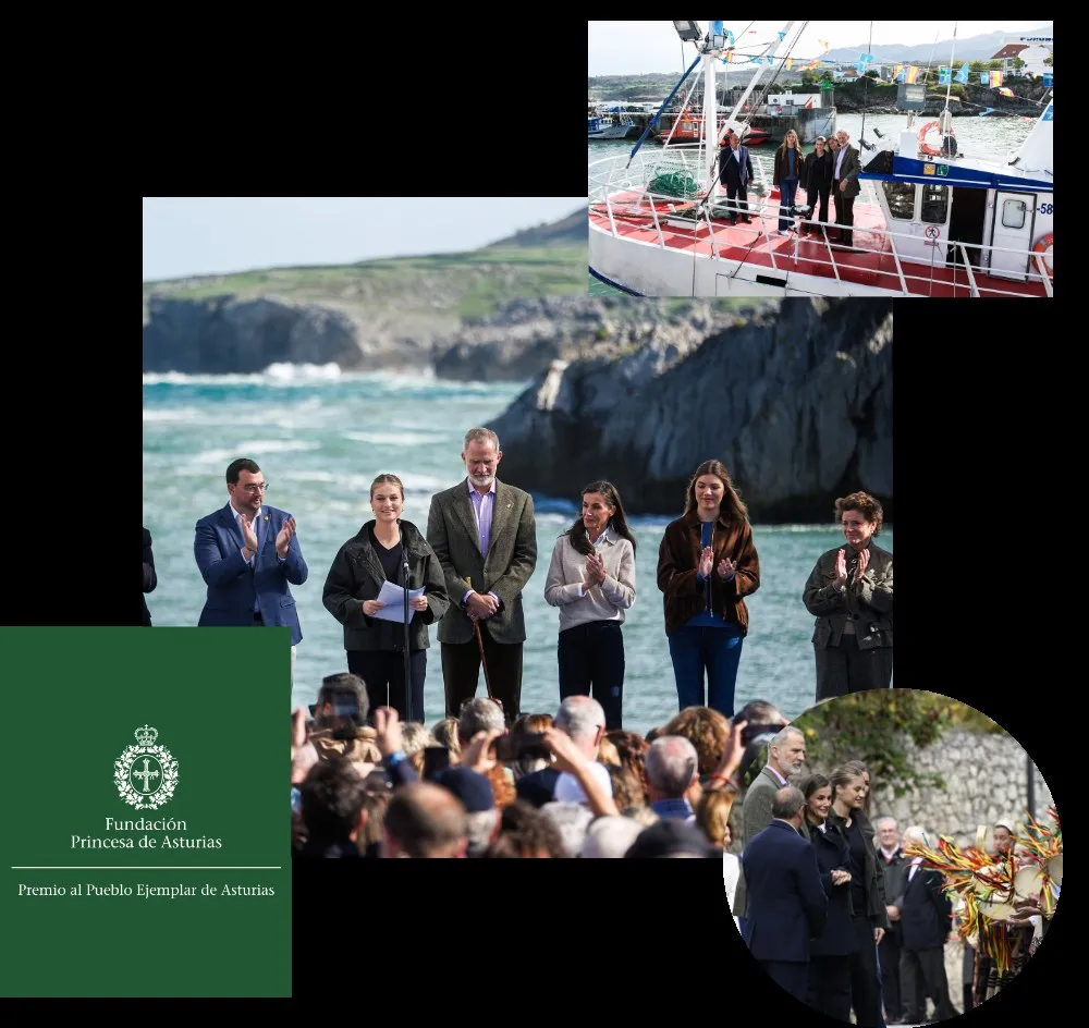 Collage con tres fotos de la visita: la familia real y otras autoridades aplauden en un estrado junto al mar, la familia real en la cubierta de un pesquero y un grupo con trajes tradicionales en una calle de Llanes