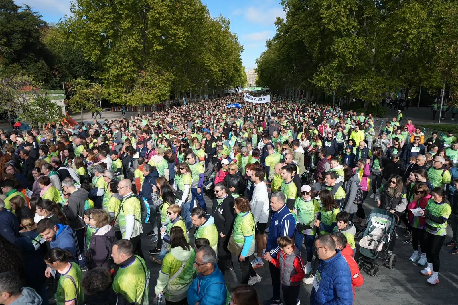 Una multitud con camisetas verdes avanza por un paseo entre dos filas de árboles altos, con familias, niños y un carrito de bebé en primer plano