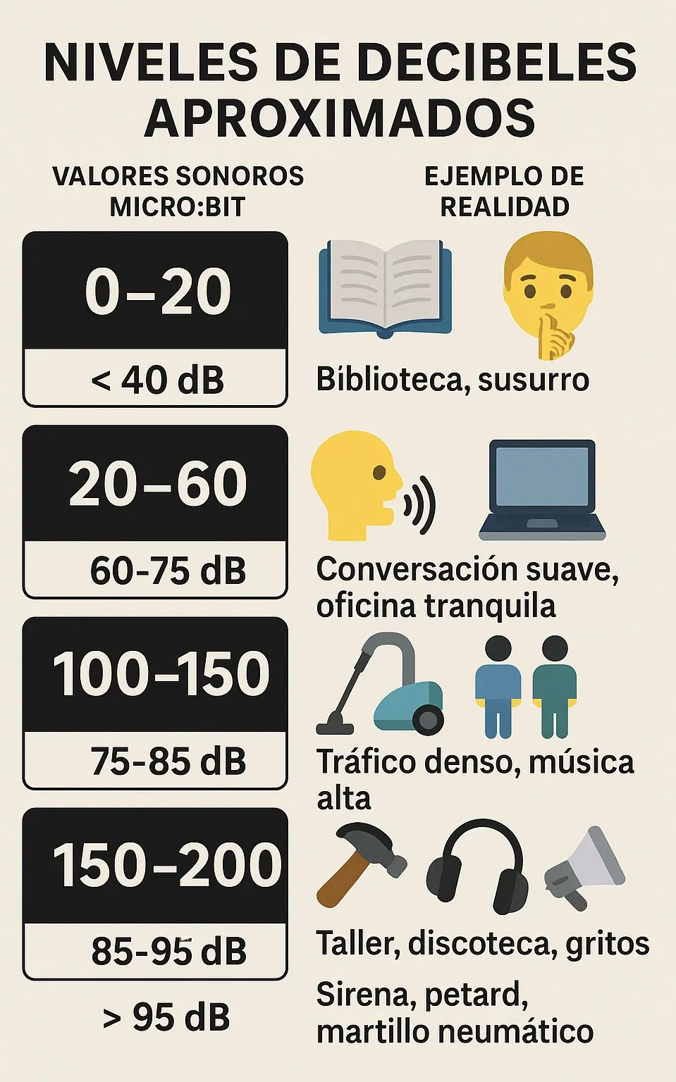 Tabla con los valores del sonómetro de la micro:bit y su equivalencia aproximada en decibelios, con ejemplos como una biblioteca, una conversación o el tráfico