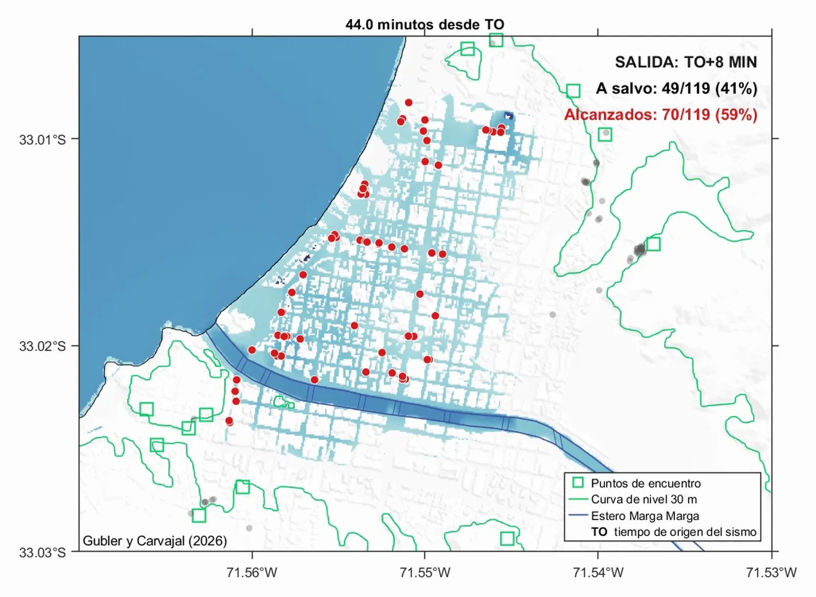 Mapa del centro de Viña del Mar inundado por un tsunami simulado, con puntos rojos donde el agua alcanza a quienes salieron 8 minutos después del sismo y cuadros verdes en los puntos de encuentro